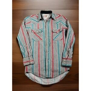 Vintage Saddle King Western Shirt Mens Small Striped Pearl Snap Made USA 90s